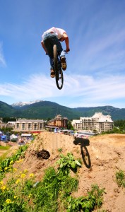 A mountainbiker floats through the air in Whistler, BC.