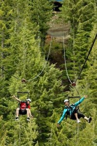 Two friends sore through the forests on Superfly Zipline